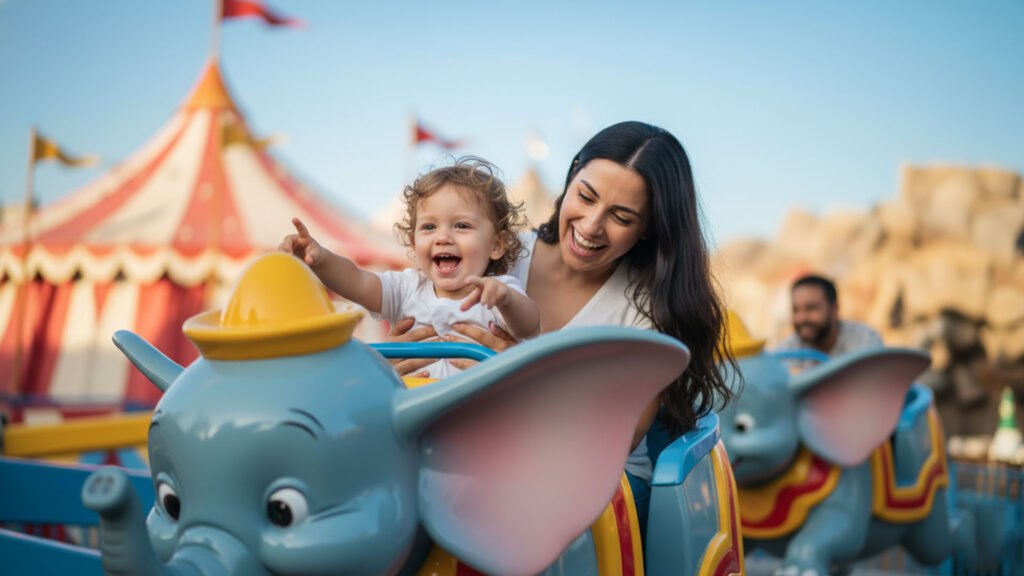 2-year-old riding Dumbo at Disney World in 2026, kids under 3 enter free