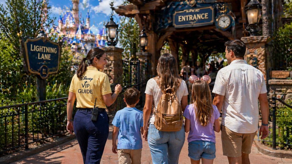 Disney private VIP tour guide helping family skip lines at Magic Kingdom