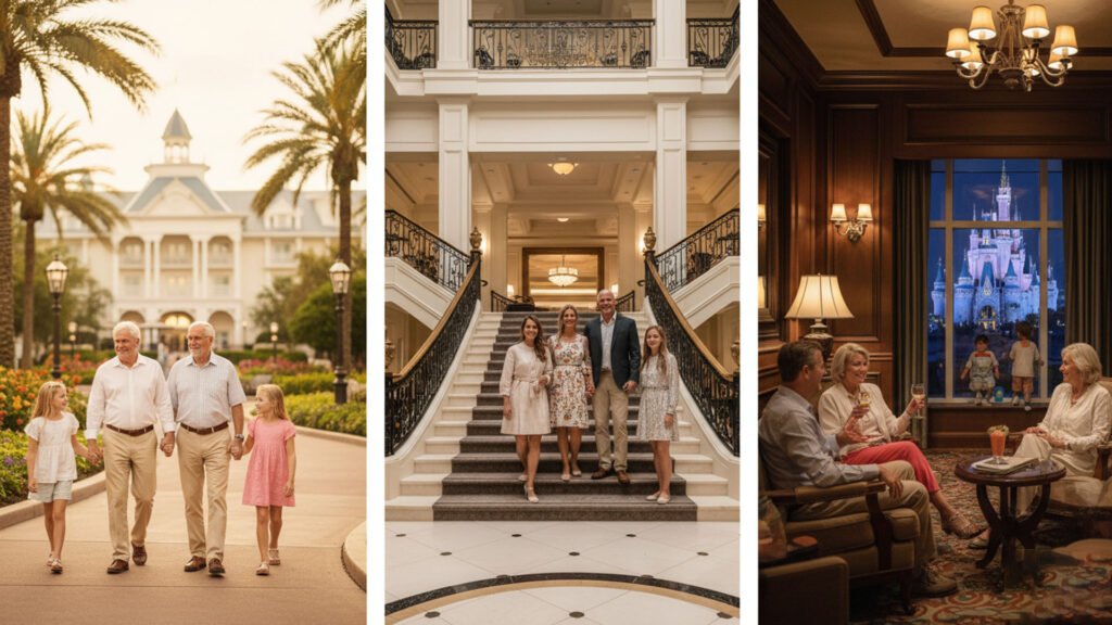 Grandparents & children walking together, Family at resort, not in park chaos, Adults enjoying lounge while kids are elsewhere
