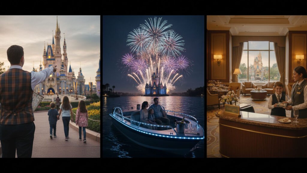 VIP tour guide with plaid vest (non-identifying, from behind), Private fireworks cruise boat, Concierge desk or premium lounge (Club Level)
