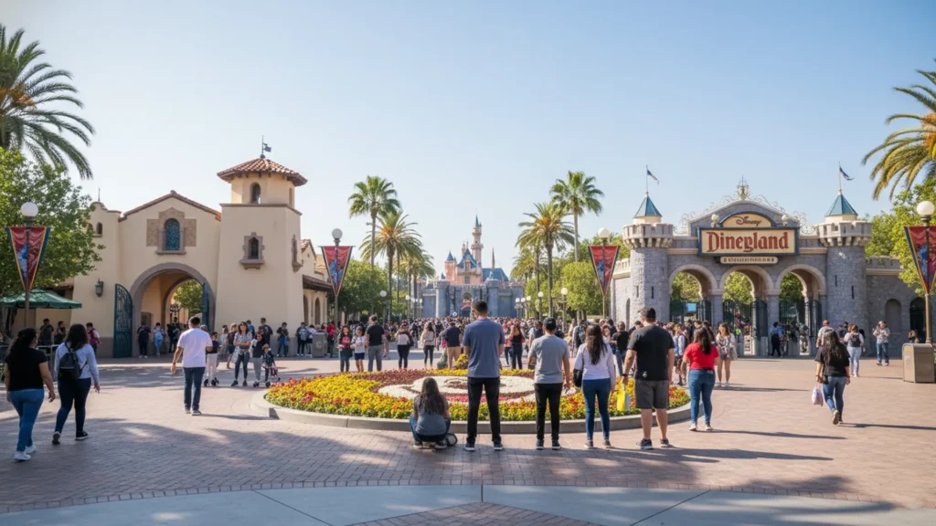 Disneyland entrance showing close distance between parks and walkable layout for easy navigation
