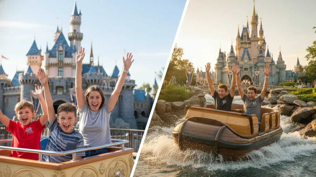 Family enjoying both Disneyland and Disney World showing different first trip experiences
