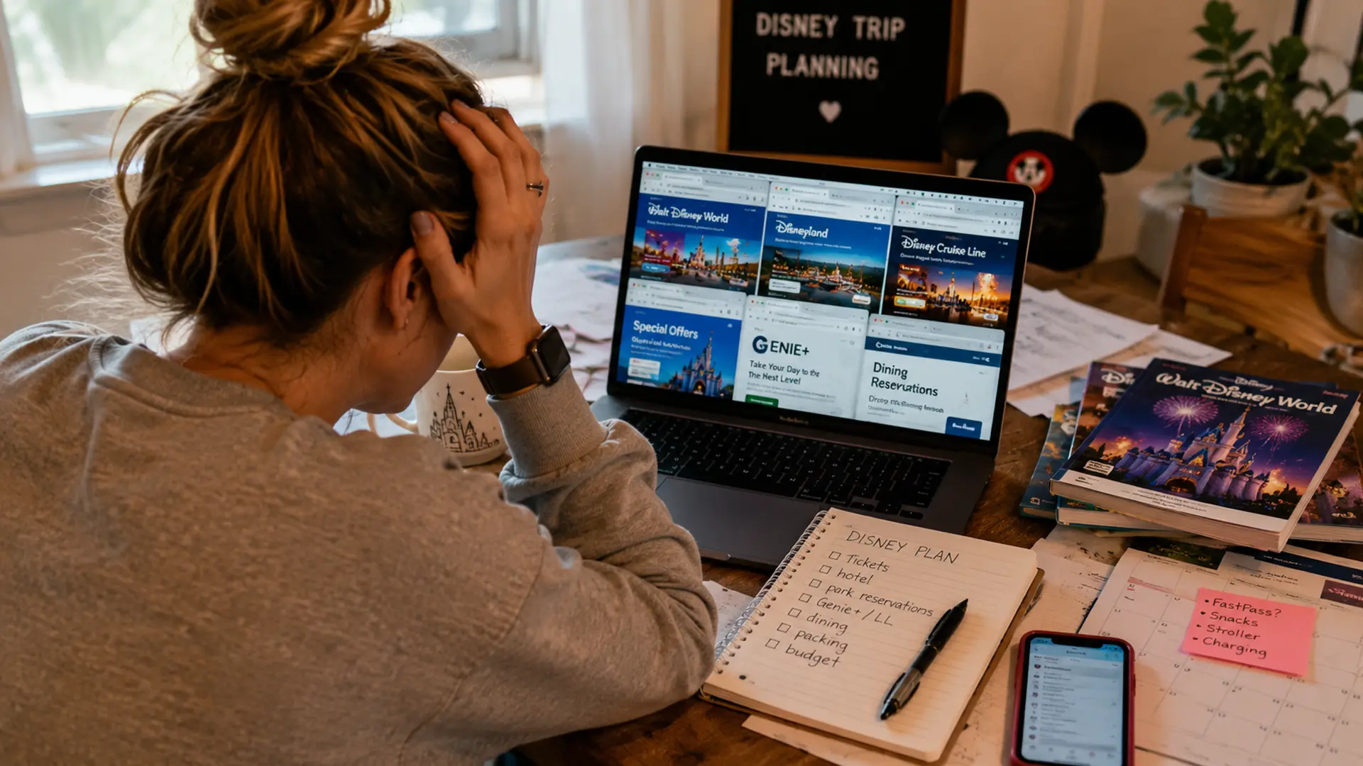 First-time Disney traveler feeling overwhelmed comparing Disneyland vs Disney World trip planning