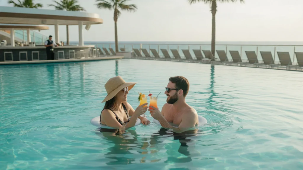 Adults relaxing in adults-only pool area on Disney Cruise ship
