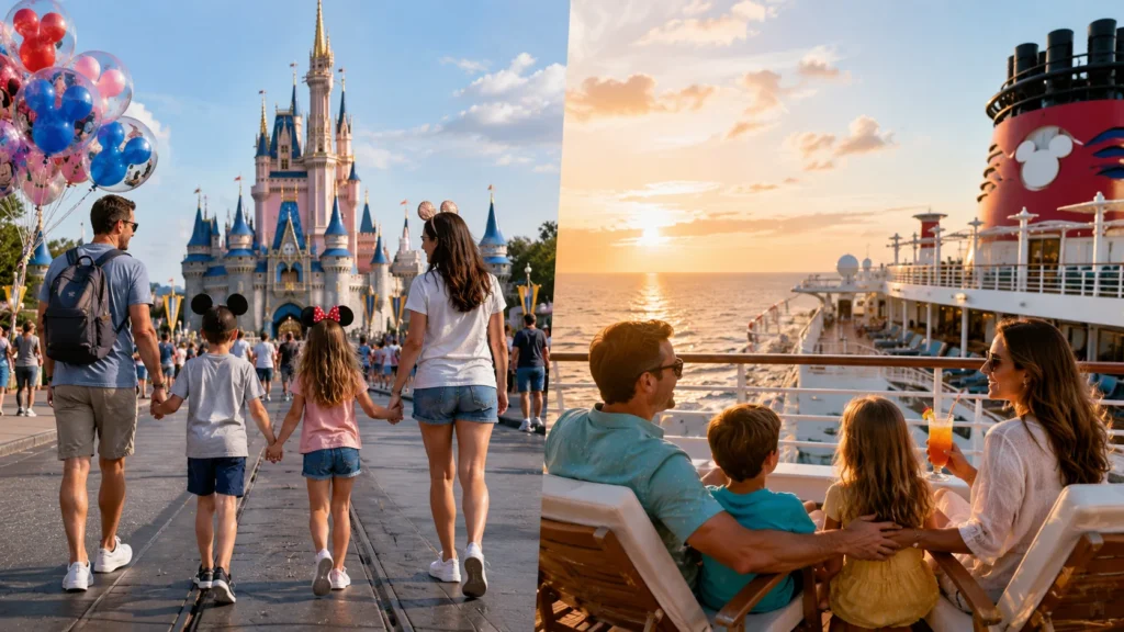 Family comparing Disney World theme park vacation with Disney Cruise vacation experience