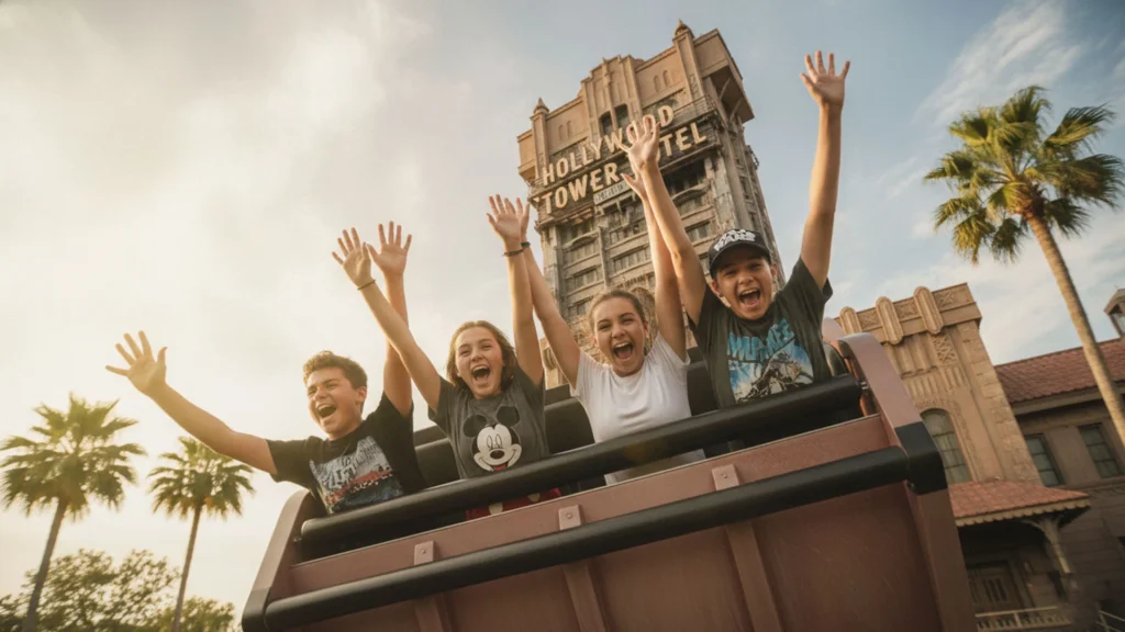 Teenagers enjoying thrill rides and attractions at Disney World
