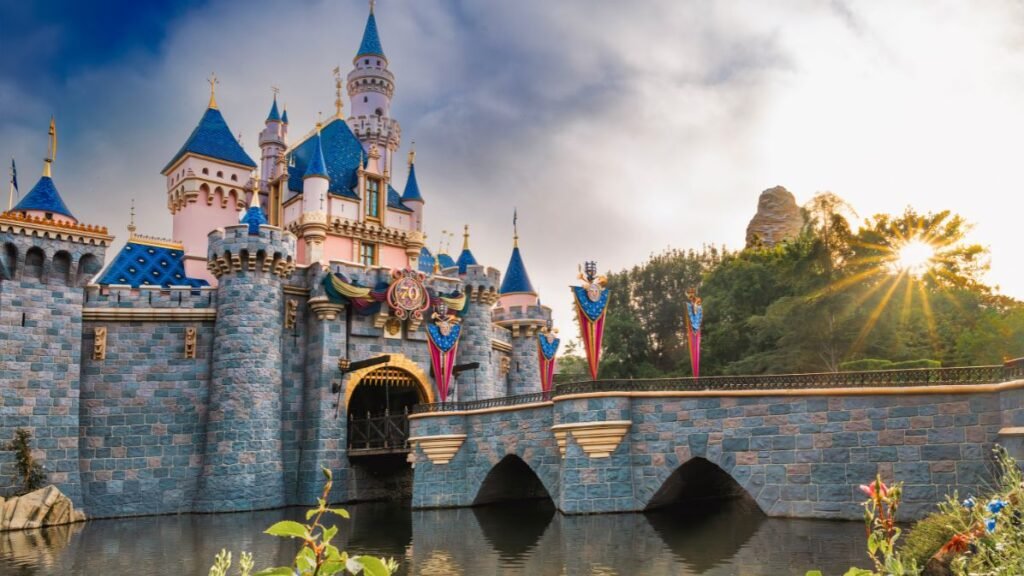 Sleeping Beauty Castle at Disneyland Resort decorated for Disney's 70th anniversary celebration with colorful banners and a sunny sky.
